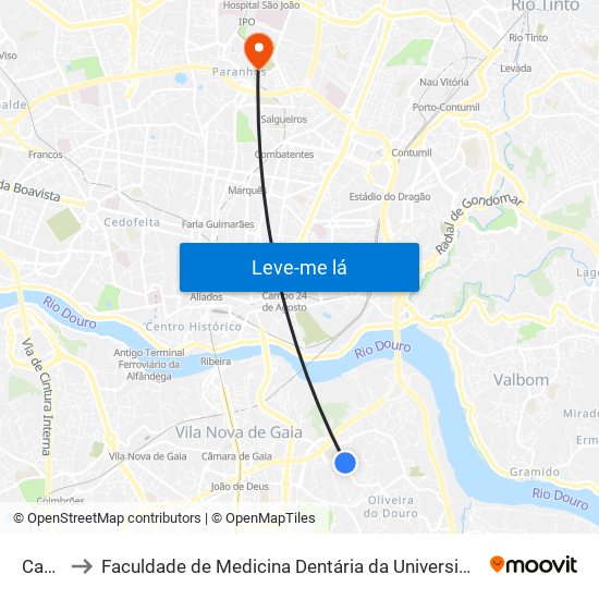 Caxito to Faculdade de Medicina Dentária da Universidade do Porto map
