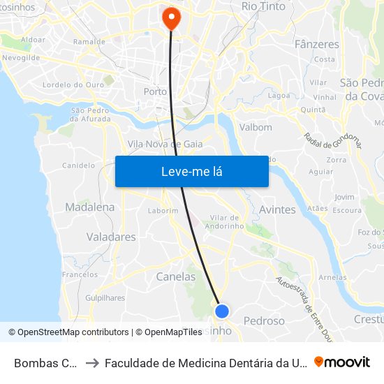 Bombas Carvalhos to Faculdade de Medicina Dentária da Universidade do Porto map