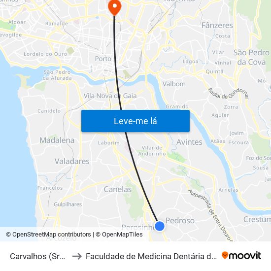 Carvalhos (Sra. da Saúde) to Faculdade de Medicina Dentária da Universidade do Porto map