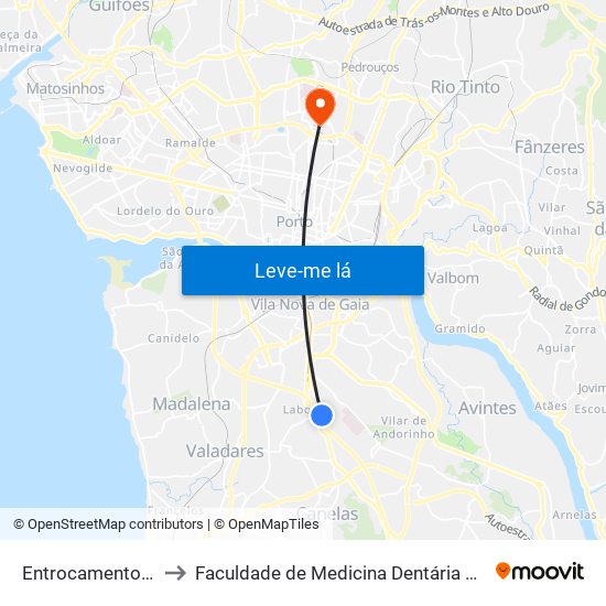 Entrocamento da Palmeira to Faculdade de Medicina Dentária da Universidade do Porto map