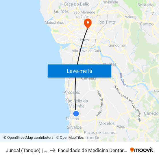 Juncal (Tanque) to Faculdade de Medicina Dentária da Universidade do Porto map