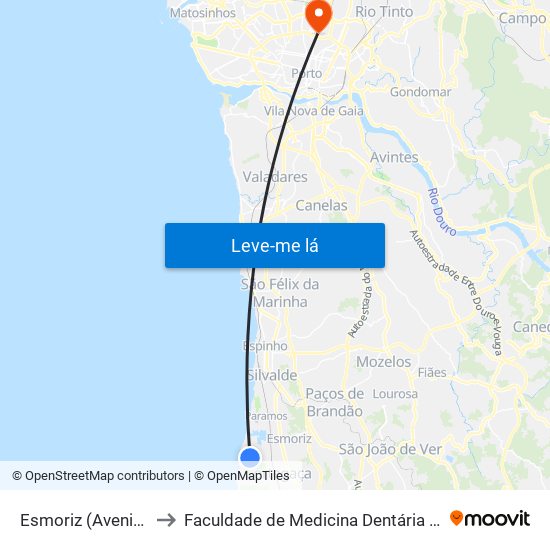 Esmoriz (Avenida da Praia 2) to Faculdade de Medicina Dentária da Universidade do Porto map