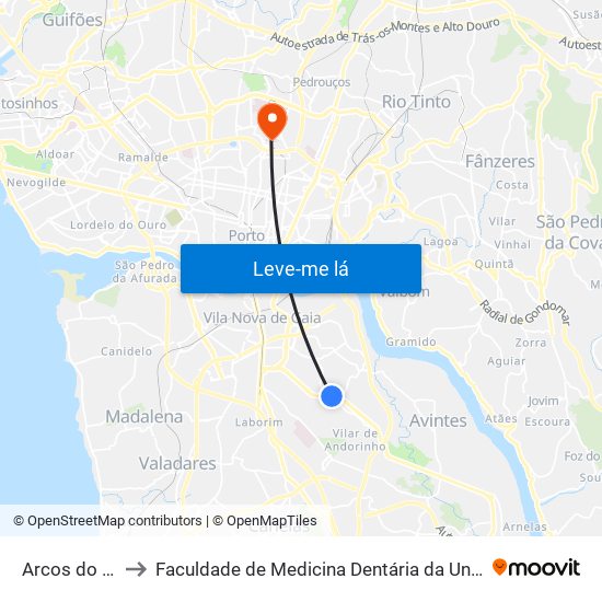 Arcos do Sardão to Faculdade de Medicina Dentária da Universidade do Porto map