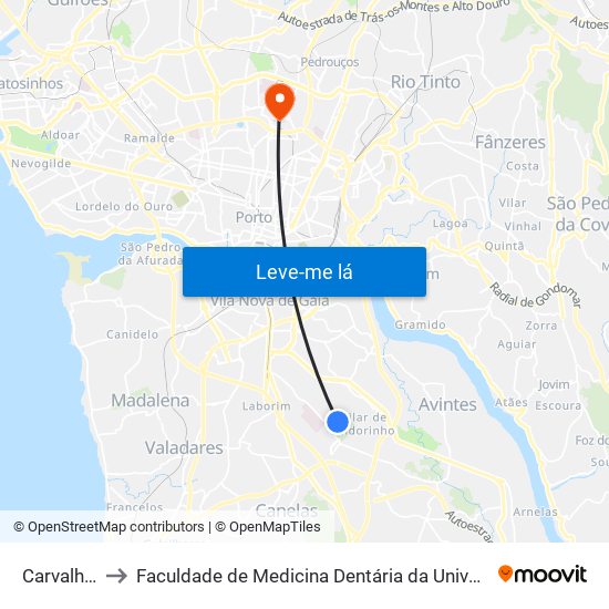 Carvalheiras to Faculdade de Medicina Dentária da Universidade do Porto map