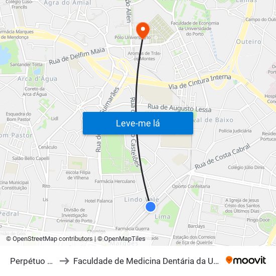 Perpétuo Socorro to Faculdade de Medicina Dentária da Universidade do Porto map