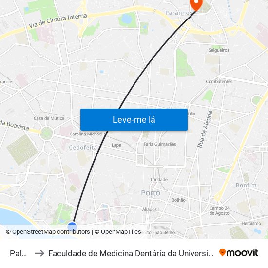 Palácio to Faculdade de Medicina Dentária da Universidade do Porto map