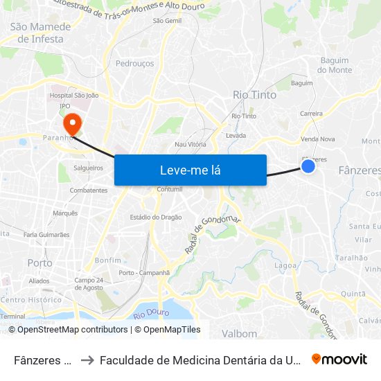 Fânzeres (Metro) to Faculdade de Medicina Dentária da Universidade do Porto map