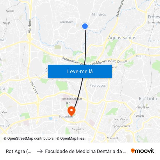 Rot.Agra (Milheirós) to Faculdade de Medicina Dentária da Universidade do Porto map