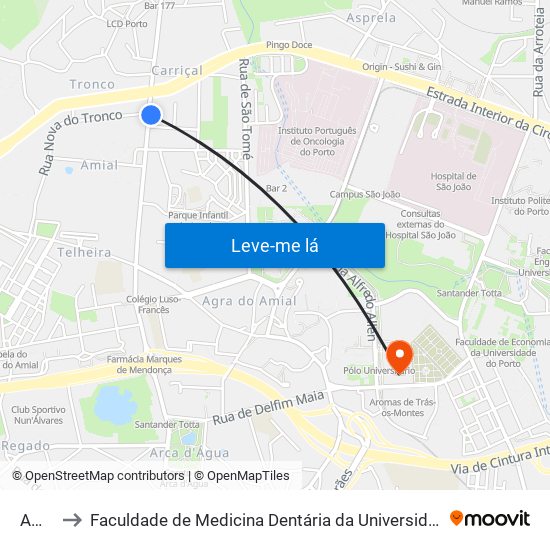 Amial to Faculdade de Medicina Dentária da Universidade do Porto map