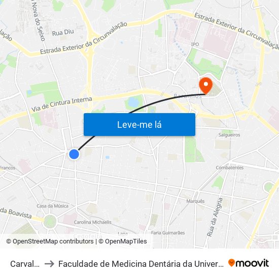 Carvalhido to Faculdade de Medicina Dentária da Universidade do Porto map