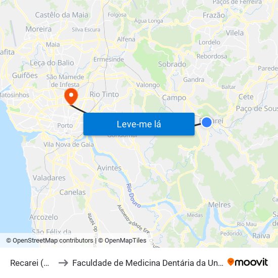 Recarei (Valteve) to Faculdade de Medicina Dentária da Universidade do Porto map