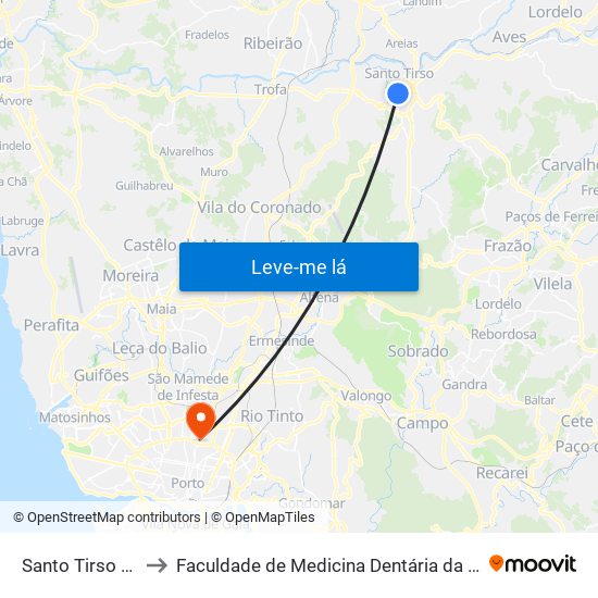 Santo Tirso (Terminal) to Faculdade de Medicina Dentária da Universidade do Porto map