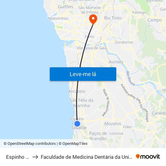 Espinho (Feira) to Faculdade de Medicina Dentária da Universidade do Porto map