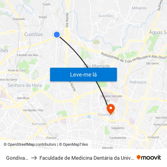 Gondivai (Sul) to Faculdade de Medicina Dentária da Universidade do Porto map