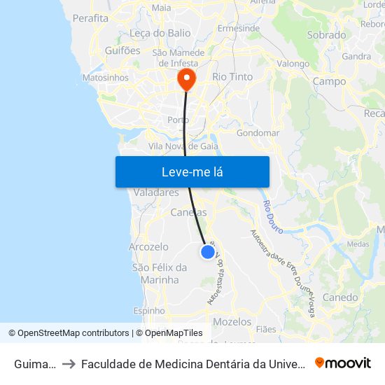 Guimarães to Faculdade de Medicina Dentária da Universidade do Porto map
