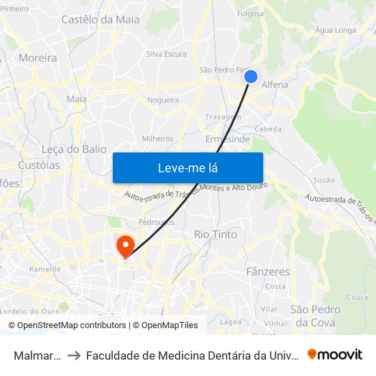 Malmarinhas to Faculdade de Medicina Dentária da Universidade do Porto map