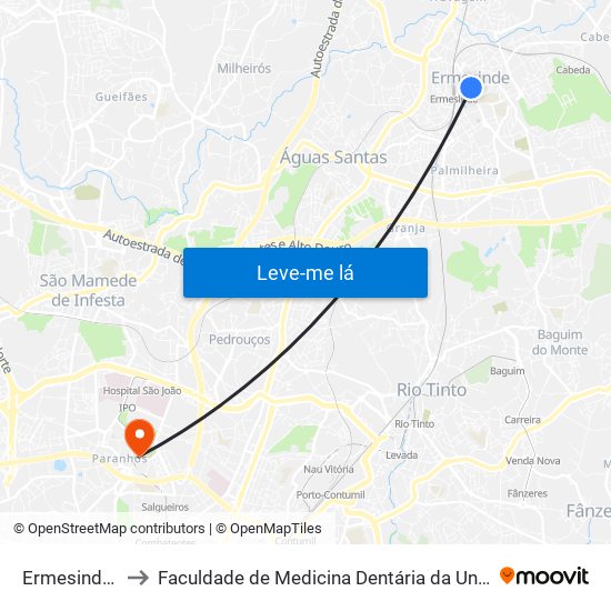 Ermesinde - B. V. to Faculdade de Medicina Dentária da Universidade do Porto map