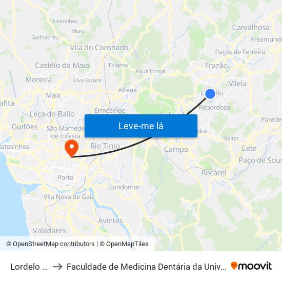 Lordelo (CTT) to Faculdade de Medicina Dentária da Universidade do Porto map