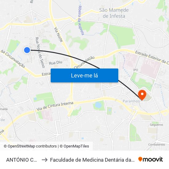 ANTÓNIO COSTA REIS to Faculdade de Medicina Dentária da Universidade do Porto map