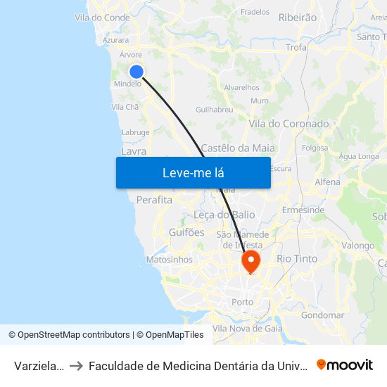 Varziela (Sul) to Faculdade de Medicina Dentária da Universidade do Porto map