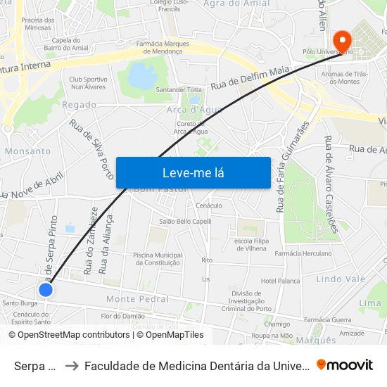 Serpa Pinto to Faculdade de Medicina Dentária da Universidade do Porto map