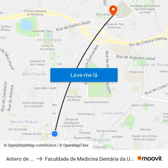 Antero de Quental to Faculdade de Medicina Dentária da Universidade do Porto map