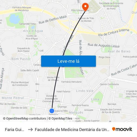 Faria Guimarães to Faculdade de Medicina Dentária da Universidade do Porto map