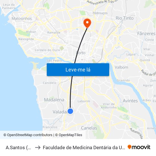 A.Santos (Escolas) to Faculdade de Medicina Dentária da Universidade do Porto map