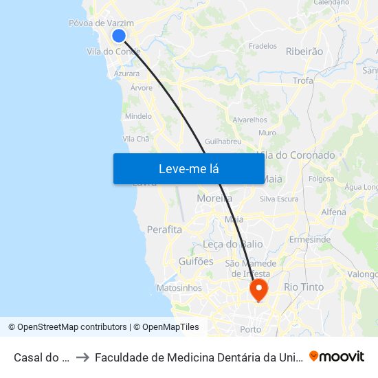 Casal do Monte to Faculdade de Medicina Dentária da Universidade do Porto map