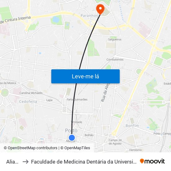 Aliados to Faculdade de Medicina Dentária da Universidade do Porto map