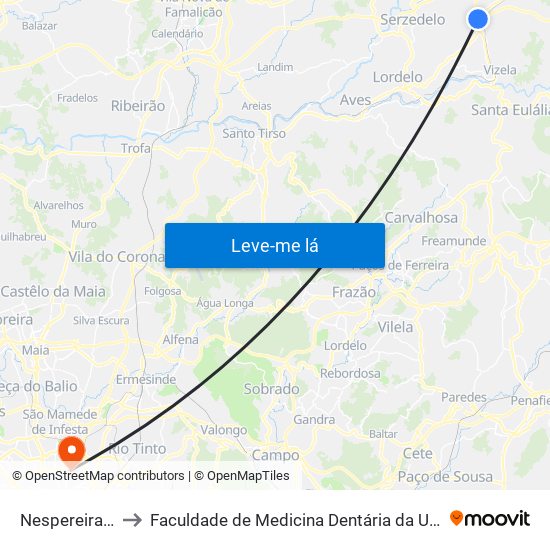 Nespereira (Igreja) to Faculdade de Medicina Dentária da Universidade do Porto map
