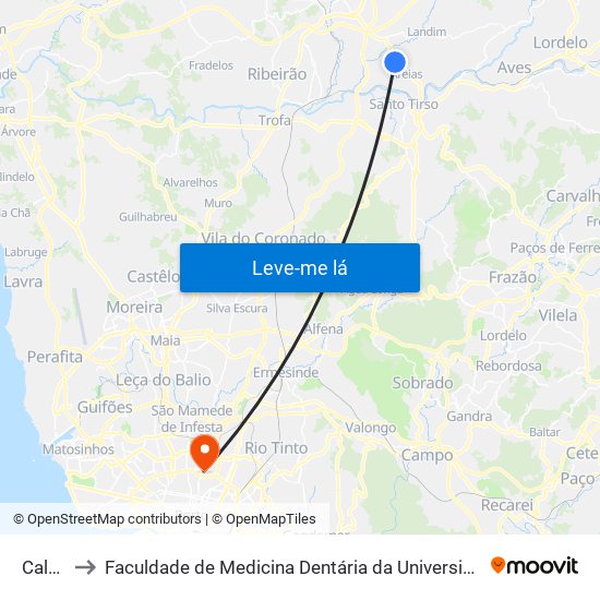 Caldas to Faculdade de Medicina Dentária da Universidade do Porto map