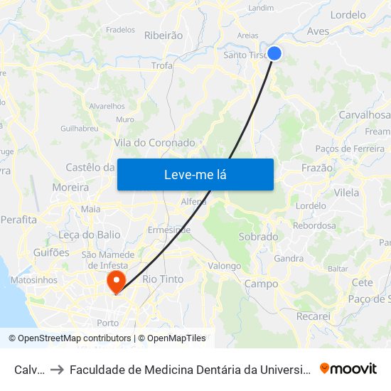 Calvelo to Faculdade de Medicina Dentária da Universidade do Porto map