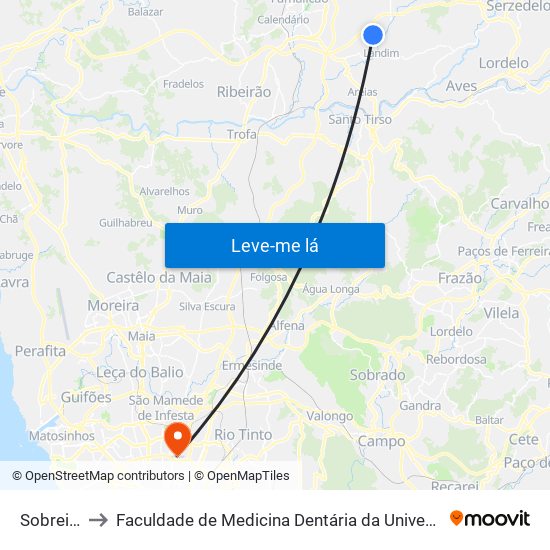 Sobreiral II to Faculdade de Medicina Dentária da Universidade do Porto map