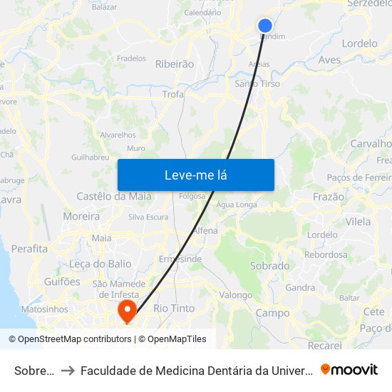 Sobreiral I to Faculdade de Medicina Dentária da Universidade do Porto map