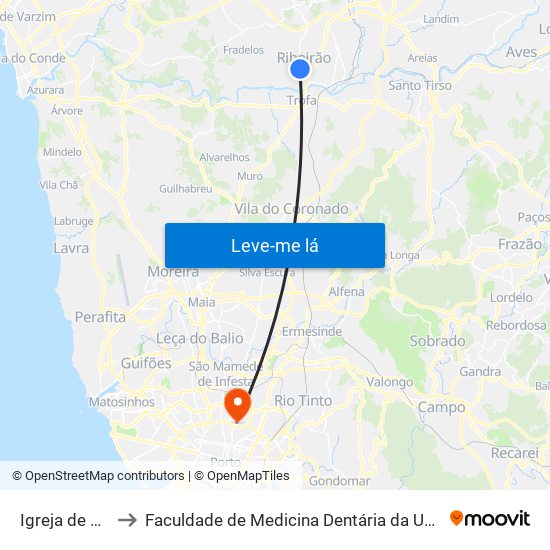 Igreja de Ribeirão to Faculdade de Medicina Dentária da Universidade do Porto map