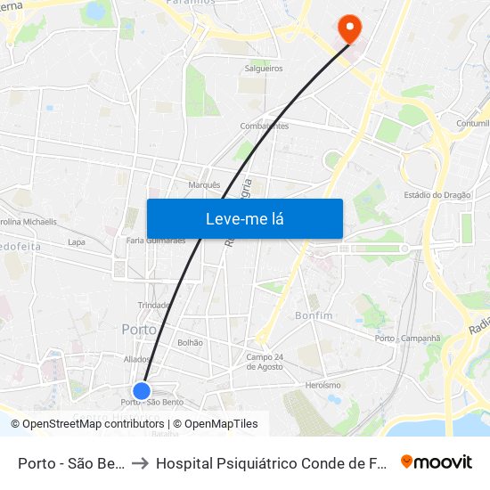 Porto - São Bento to Hospital Psiquiátrico Conde de Ferreira map
