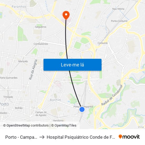 Porto - Campanhã to Hospital Psiquiátrico Conde de Ferreira map