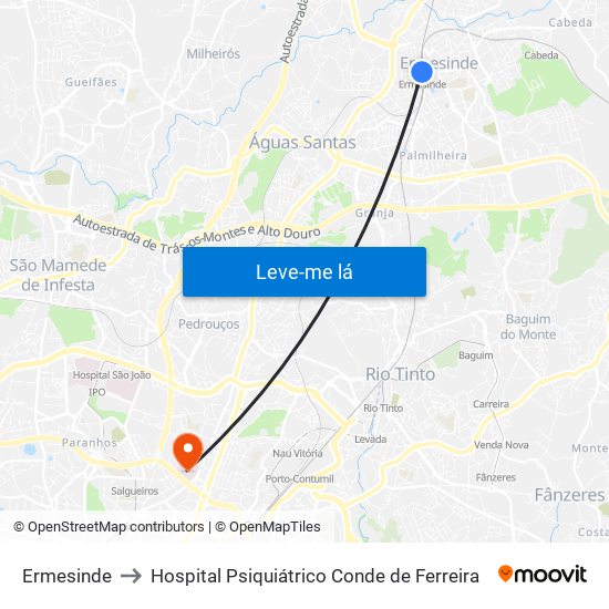 Ermesinde to Hospital Psiquiátrico Conde de Ferreira map