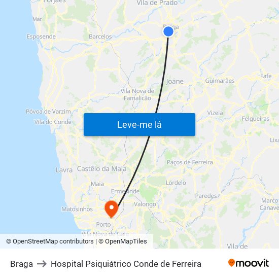 Braga to Hospital Psiquiátrico Conde de Ferreira map