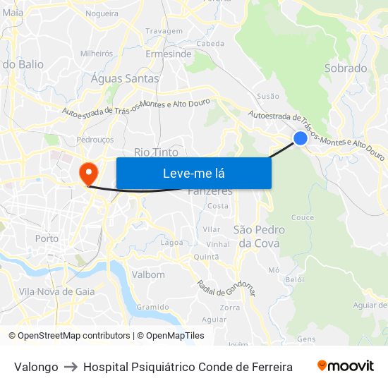 Valongo to Hospital Psiquiátrico Conde de Ferreira map