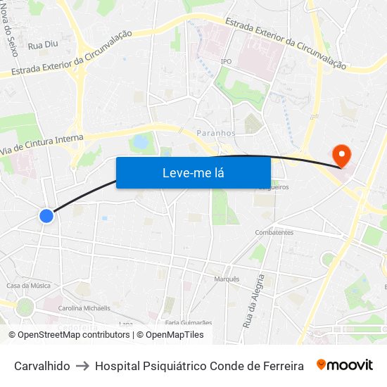 Carvalhido to Hospital Psiquiátrico Conde de Ferreira map