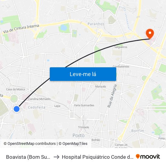 Boavista (Bom Sucesso) to Hospital Psiquiátrico Conde de Ferreira map