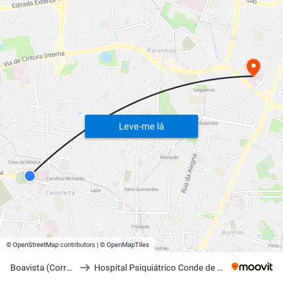 Boavista (Correios) to Hospital Psiquiátrico Conde de Ferreira map