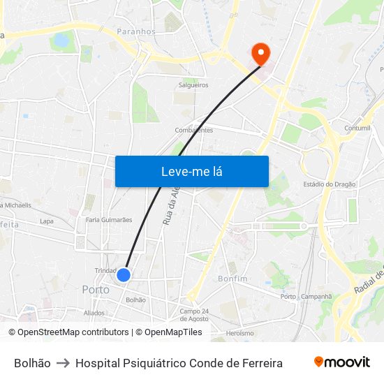 Bolhão to Hospital Psiquiátrico Conde de Ferreira map