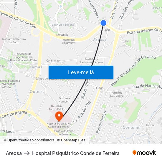 Areosa to Hospital Psiquiátrico Conde de Ferreira map