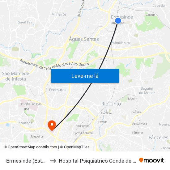 Ermesinde (Estação) to Hospital Psiquiátrico Conde de Ferreira map