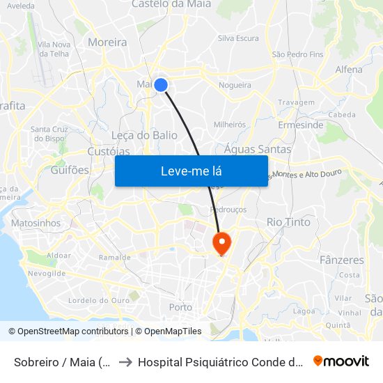 Sobreiro / Maia (Plaza) to Hospital Psiquiátrico Conde de Ferreira map