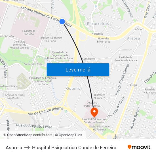 Asprela to Hospital Psiquiátrico Conde de Ferreira map