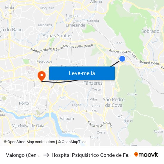 Valongo (Centro) to Hospital Psiquiátrico Conde de Ferreira map